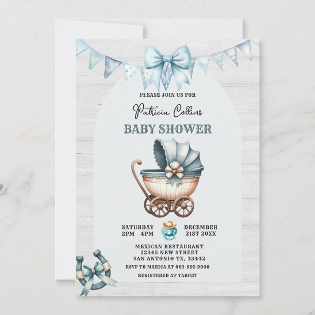 Blue Bow Cowboy Barnvagn Baby Shower Inbjudningar (Framsida)