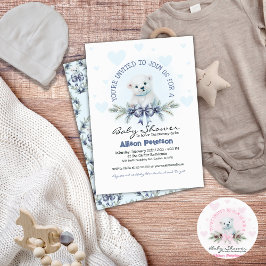 Blue Bow Cute Bear Unge Winter Boy Shower Inbjudningar