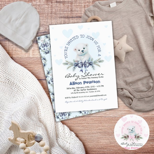 Blue Bow Cute Bear Unge Winter Boy Shower Inbjudningar (Cute Baby Boy Baby Shower Invitation for Winter)