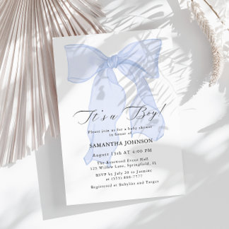 Blue Bow Det är en pojkbabyinbjudan. Inbjudningar