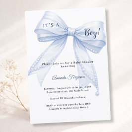 Blue bow elegant pearls boy Baby Shower Inbjudningar