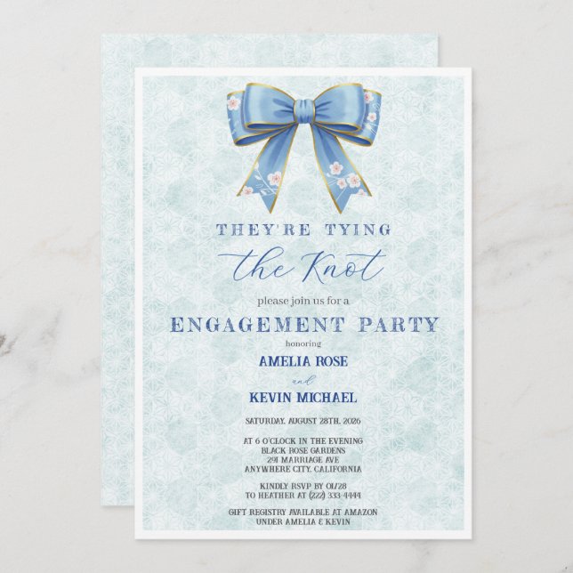 Blue Bow Engagement Invitation – Japanese Style Inbjudningar (Fram/baksida)