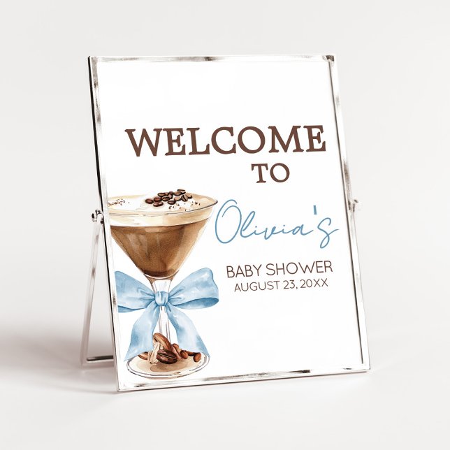 Blue Bow Espresso Martini Baby Shower Welcome Sign Poster (Espresso Baby Shower Sign)