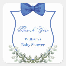 Blue Bow Eucalyptus Vapensköld Baby Shower Tack Fyrkantigt Klistermärke