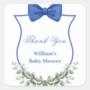 Blue Bow Eucalyptus Vapensköld Baby Shower Tack Fyrkantigt Klistermärke