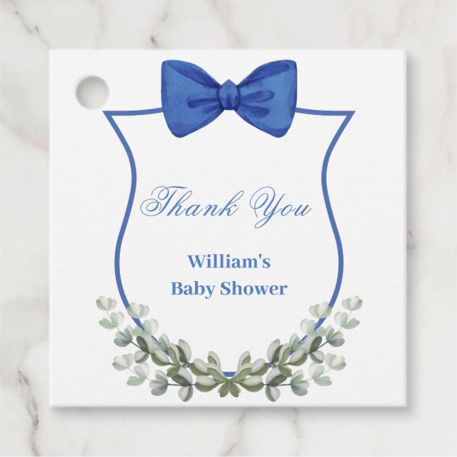 Blue Bow Eucalyptus Vapensköld Baby Shower Tack Gåvor Etiketter (Framsida)