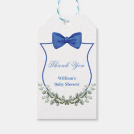 Blue Bow Eucalyptus Vapensköld Baby Shower Tack Presentetikett