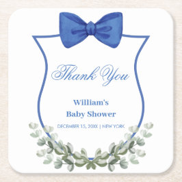 Blue Bow Eucalyptus Vapensköld Baby Shower Tack Underlägg Papper Kvadrat