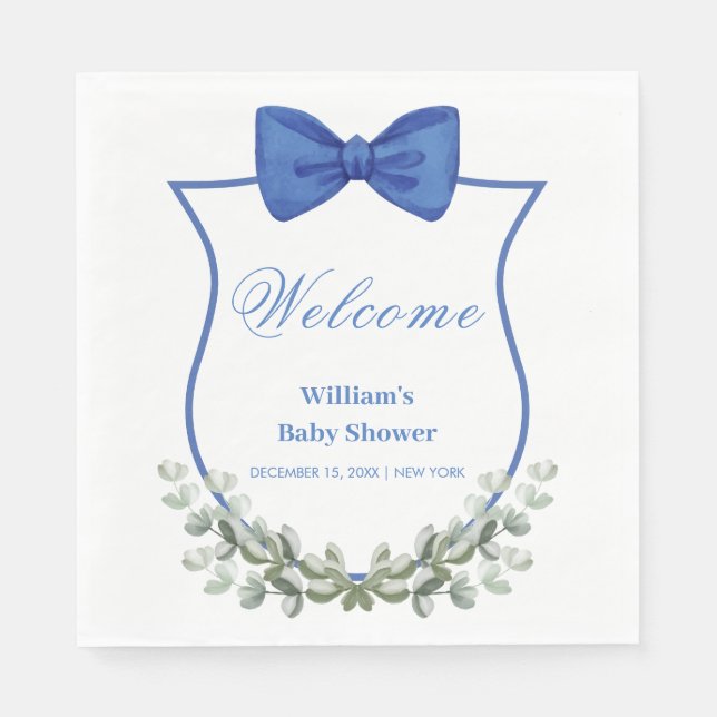 Blue Bow Eucalyptus Vapensköld Baby Shower Välkomm Pappersservett (Framsidan)