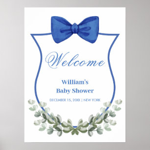 Blue Bow Eucalyptus Vapensköld Baby Shower Välkomm Poster