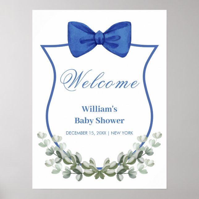 Blue Bow Eucalyptus Vapensköld Baby Shower Välkomm Poster (Framsidan)
