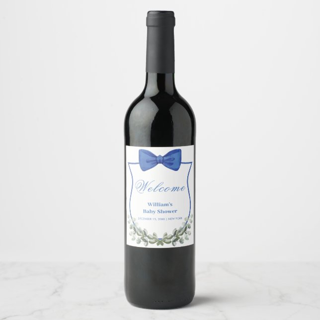 Blue Bow Eucalyptus Vapensköld Baby Shower Välkomm Vinflaska Etikett (Framsida)