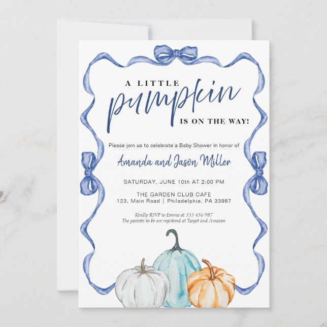 Blue Bow Fall Baby Shower Pumpkins elegant Spara Datumet (Framsida)