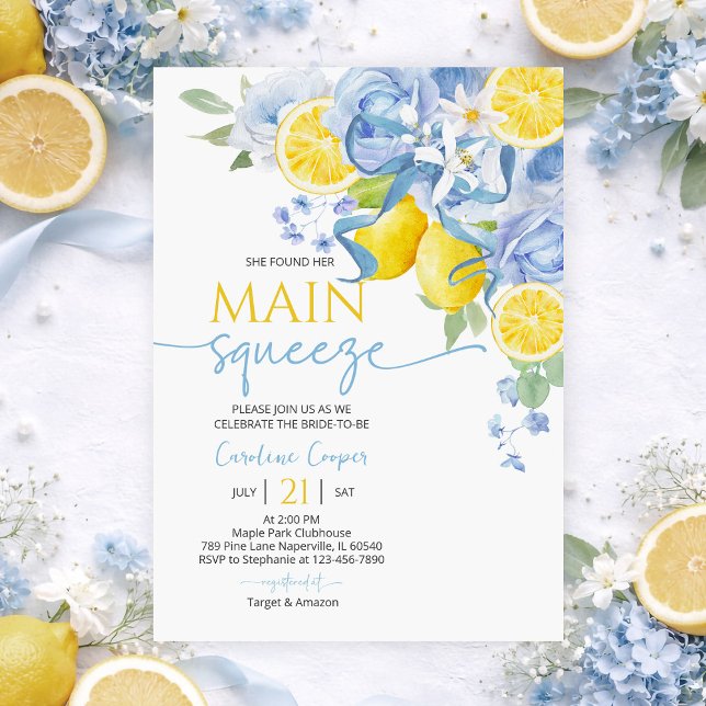 Blue Bow Floral Lemon Bridal Shower Invitation Inbjudningar (Skapare uppladdad)