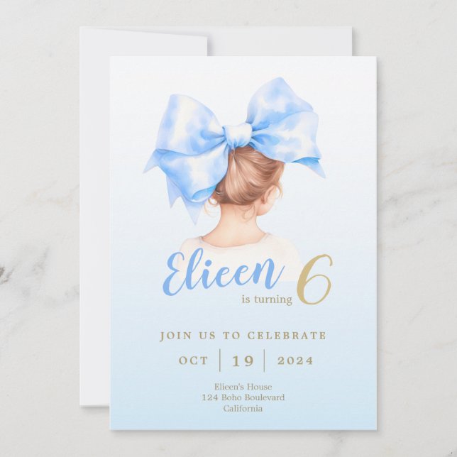 Blue Bow Girl Birthday Inbjudan (Framsida)