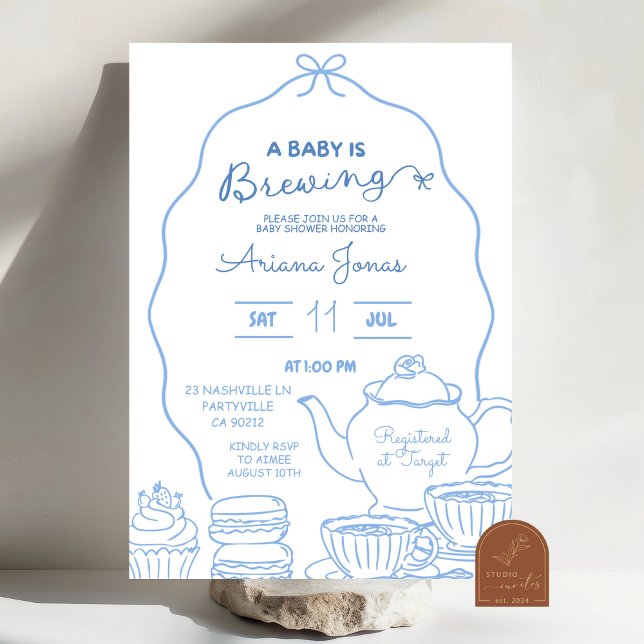 Blue Bow Hand Doodle A Baby brinner babydusch Inbjudningar (Skapare uppladdad)