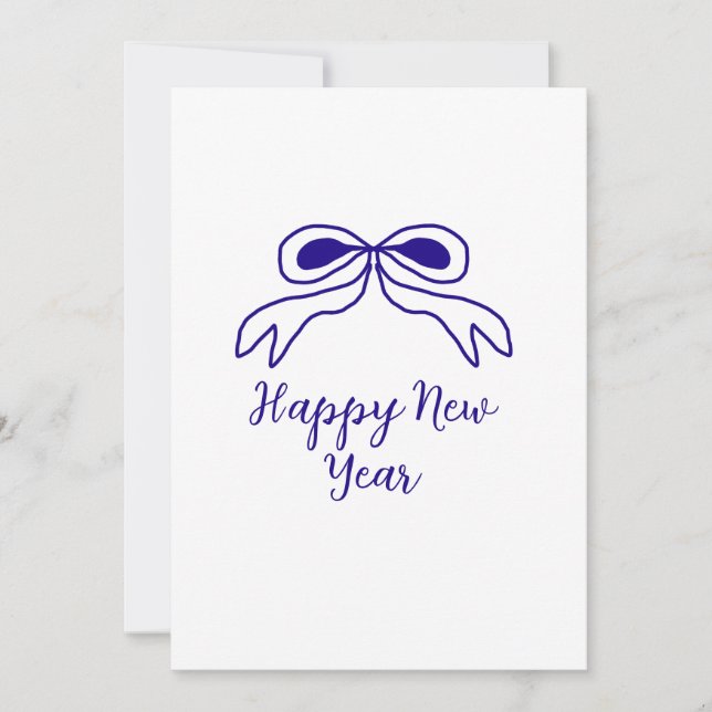 Blue bow happy new year name date simple minimal  julkort (Framsida)