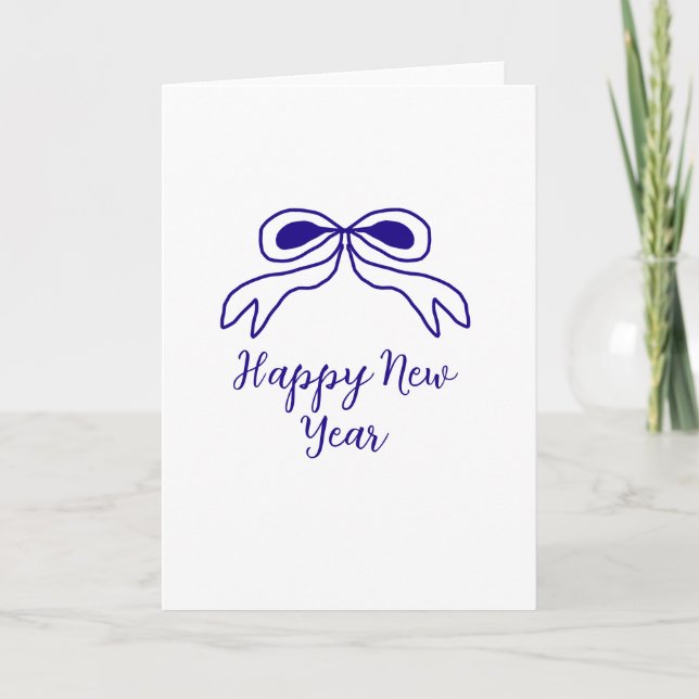 Blue bow happy new year name date simple minimal  kort (Framsida)