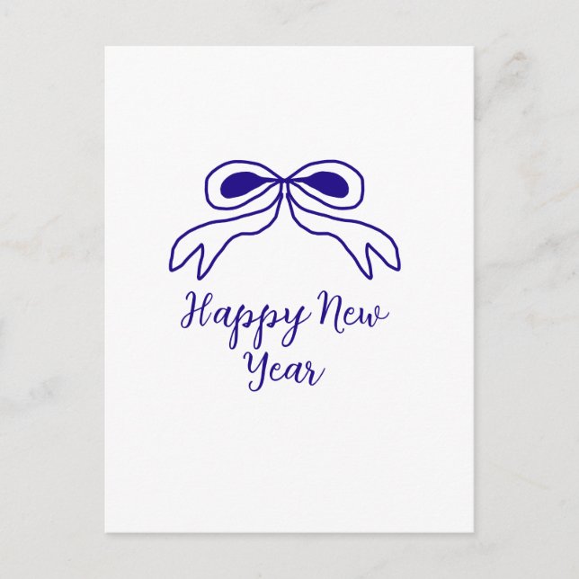 Blue bow happy new year name date simple minimal  vykort (Framsida)