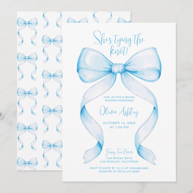 Blue Bow Hon Gifter sig Möhippa Inbjudningar (Fram/baksida)