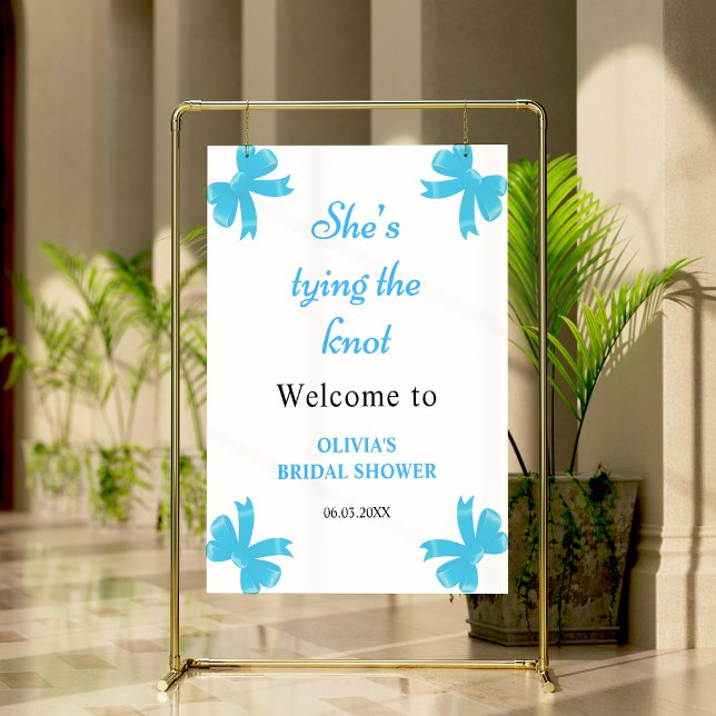 Blue Bow Hon Gifter sig Möhippa Poster (Blue Bow She's Tying The Knot Bridal Shower Welcome Sign )