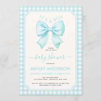 Blue Bow It's a Boy Baby Shower Gingham Plaid Inbjudningar