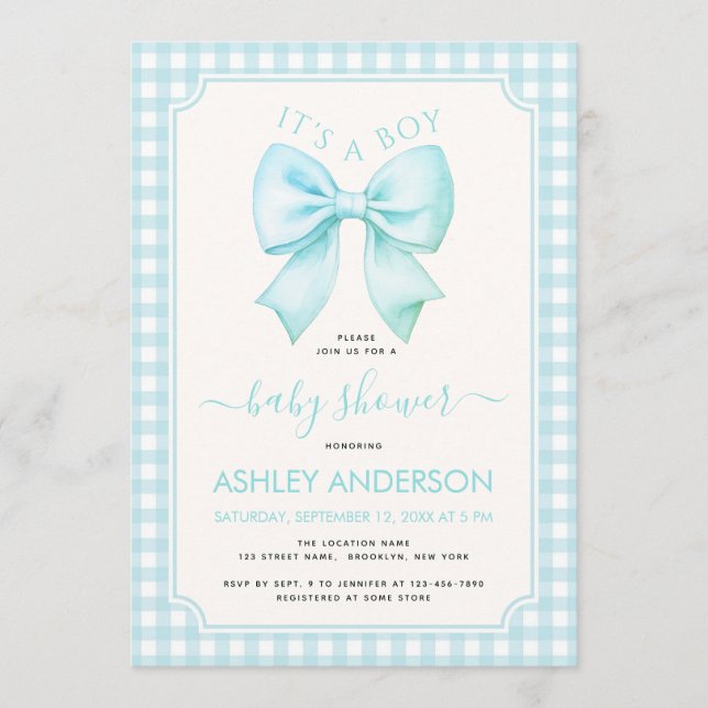 Blue Bow It's a Boy Baby Shower Gingham Plaid Inbjudningar (Framsida)