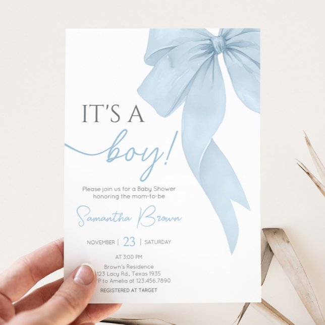 Blue Bow its a Boy Baby Shower Inbjudningar (Its A Boy Blue Bow Baby Shower Invitation
)