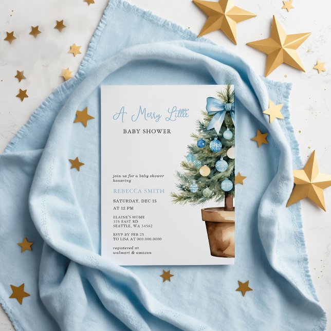 Blue Bow Julgran Merry Little Baby Shower Inbjudningar (Blue Bow Christmas Tree Merry Little Baby Shower Invitation)