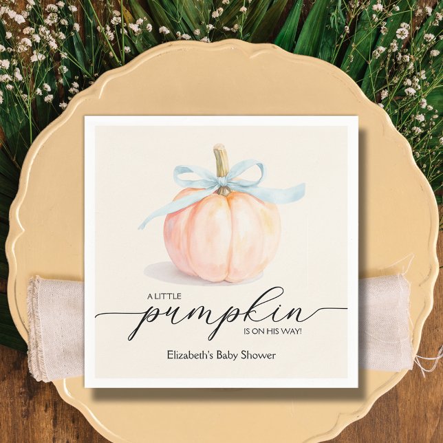 Blue Bow Little Pumpkin Baby Shower Pappersservett (Blue Bow Little Pumpkin Boy Baby Shower Napkins)
