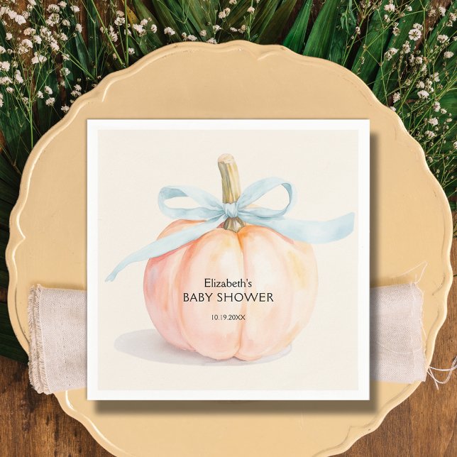 Blue Bow Little Pumpkin Baby Shower Pappersservett (Blue Bow Little Pumpkin Boy Baby Shower Napkins)