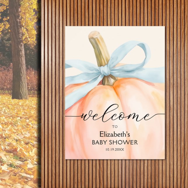 Blue Bow Little Pumpkin Baby Shower Välkommen Poster (Boy baby shower pumpkin welcome poster, PRINTED and/or INSTANT DOWNLOAD, choose size when ordering)