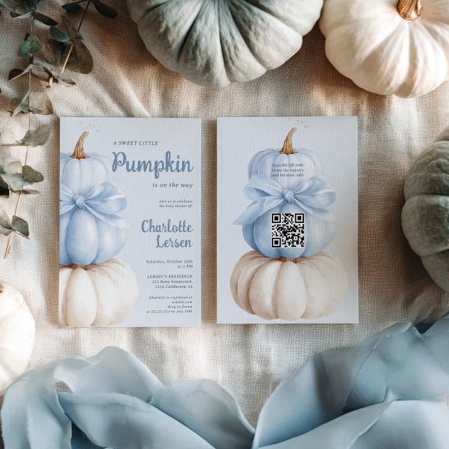 Blue Bow Little Pumpkin Boy Shower QR-kod Inbjudningar (Blue Bow Little Pumpkin Boy Baby Shower QR Code Invitation)