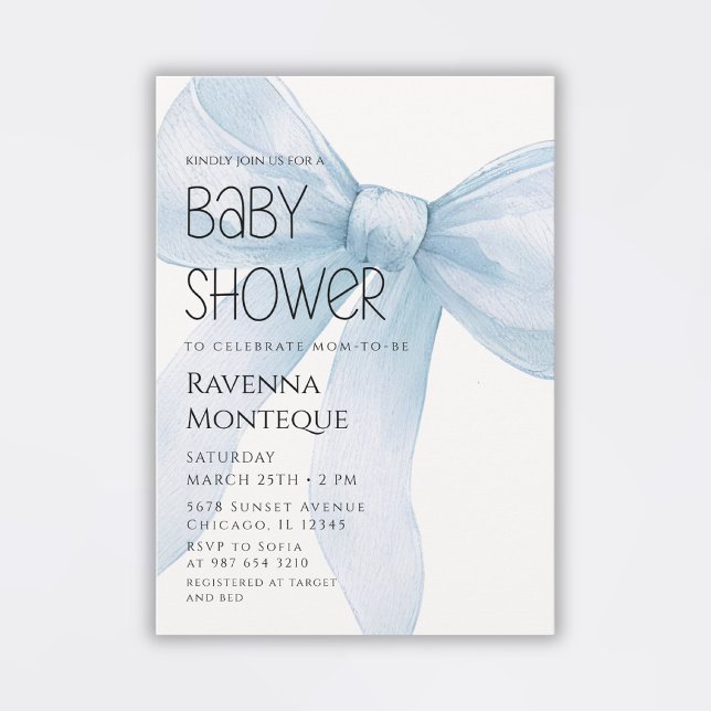 Blue Bow Minimal Elegant Personalized Baby Shower Inbjudningar (Skapare uppladdad)