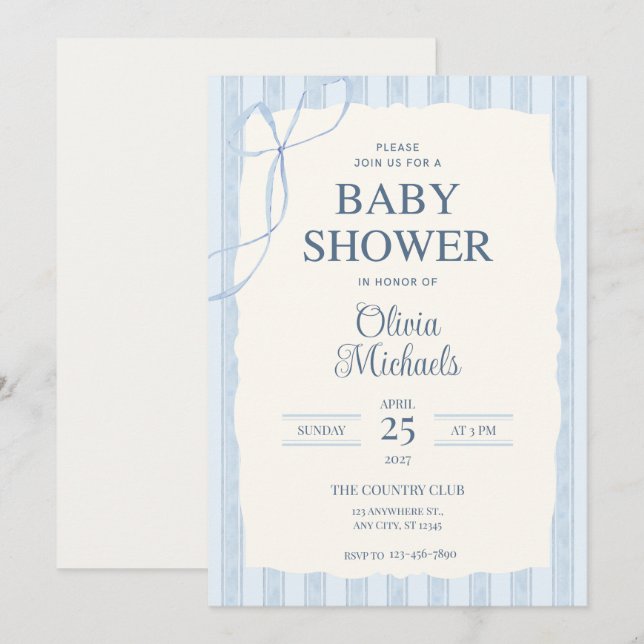 Blue Bow Minimalist Baby Shower Invitation Anteckningskort (Fram/baksida)