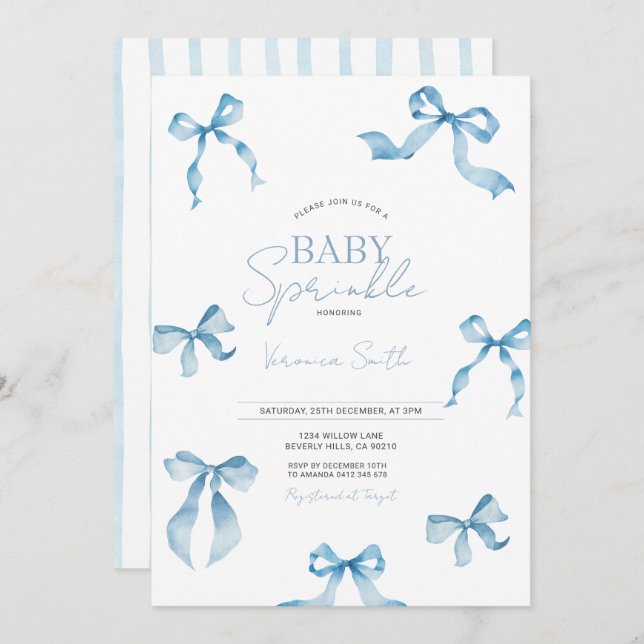 Blue Bow Modern Baby Sprinkle Inbjudningar (Fram/baksida)