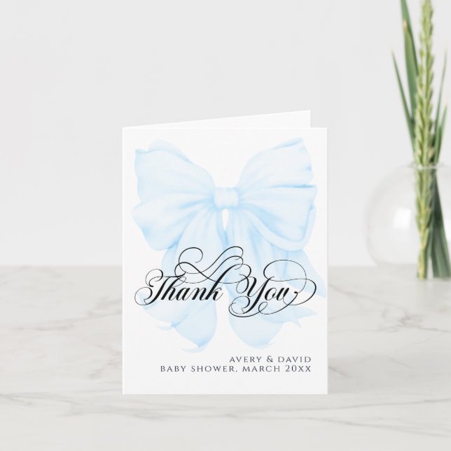Blue Bow Modern Elegant Baby Shower Tack Kort (Framsida)