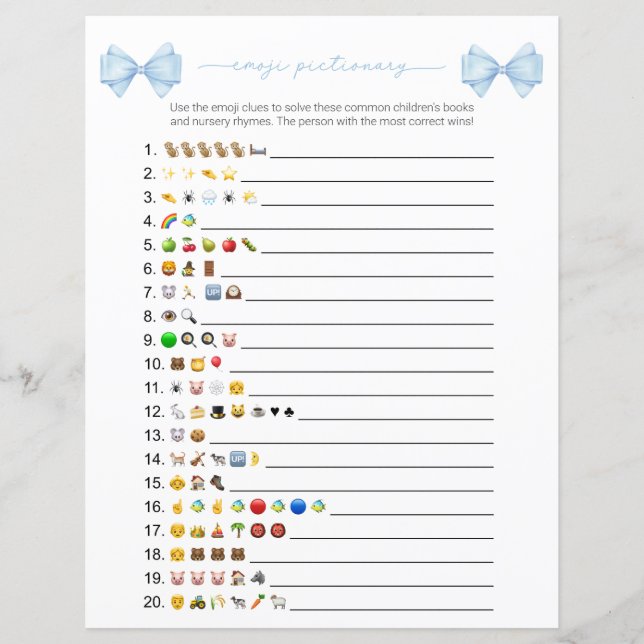 Blue Bow Modern Emoji Bokar Baby Shower Game (Framsida)