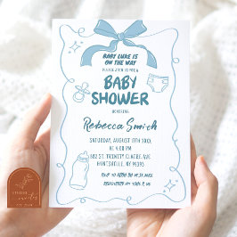 Blue Bow Modern Illustrated Boy Baby Shower Inbjudningar