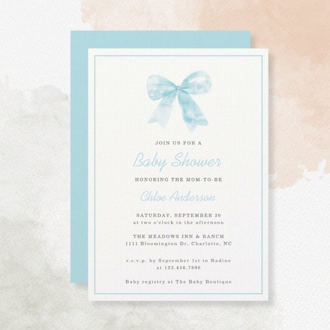 Blue Bow Modern minimalist Boy Baby Shower Inbjudningar (Skapare uppladdad)