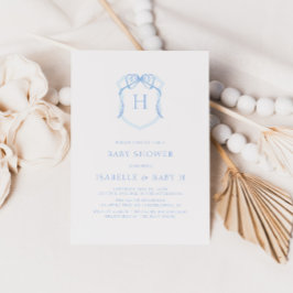 Blue Bow Monogram Vapensköld Baby Shower Inbjudningar