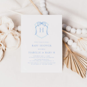 Blue Bow Monogram Vapensköld Baby Shower Inbjudningar