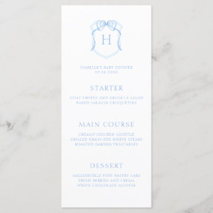 Blue Bow Monogram Vapensköld Baby Shower Meny