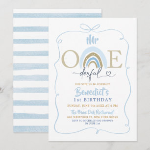 Blue Bow Mr Onederful Boy's Birthday Inbjudningar