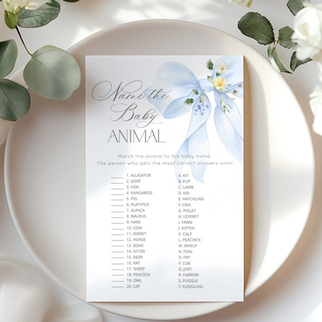 Blue Bow Namn vid baby djur, babyduschspel (Skapare uppladdad)