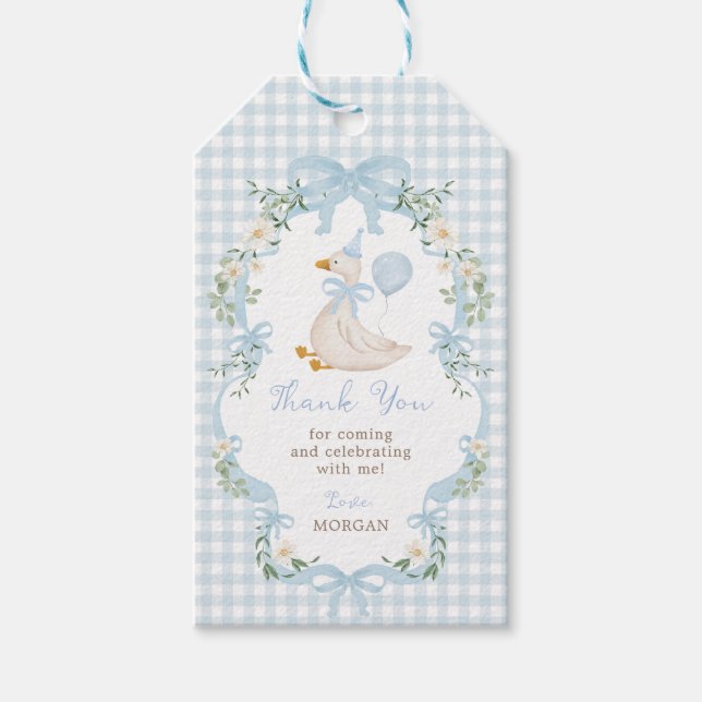 Blue Bow One Silly Goose Birthday Thank You Presentetikett (Framsidan)