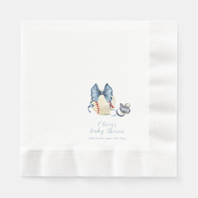 Blue Bow Pacifier Baseball Sport Baby Shower  Pappersservett (Framsidan)
