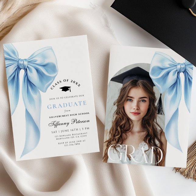 Blue Bow Photo Graduation Invitation Inbjudningar (Skapare uppladdad)