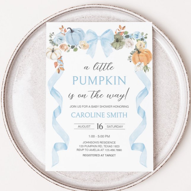 Blue Bow Pumpkin Baby Shower Inbjudningar (Blue Bow Little Pumpkin Baby Shower Invitation)