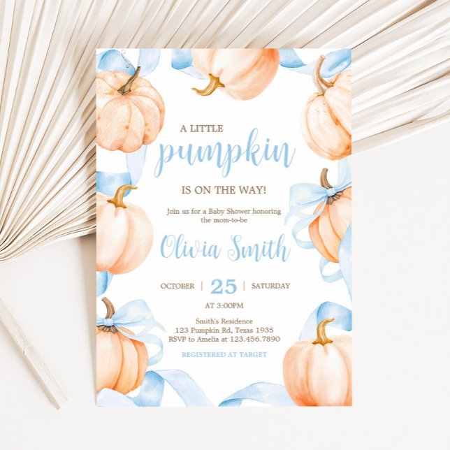 Blue Bow Pumpkin Baby Shower Inbjudningar (Blue Bow Pumpkin Baby Shower invitation)